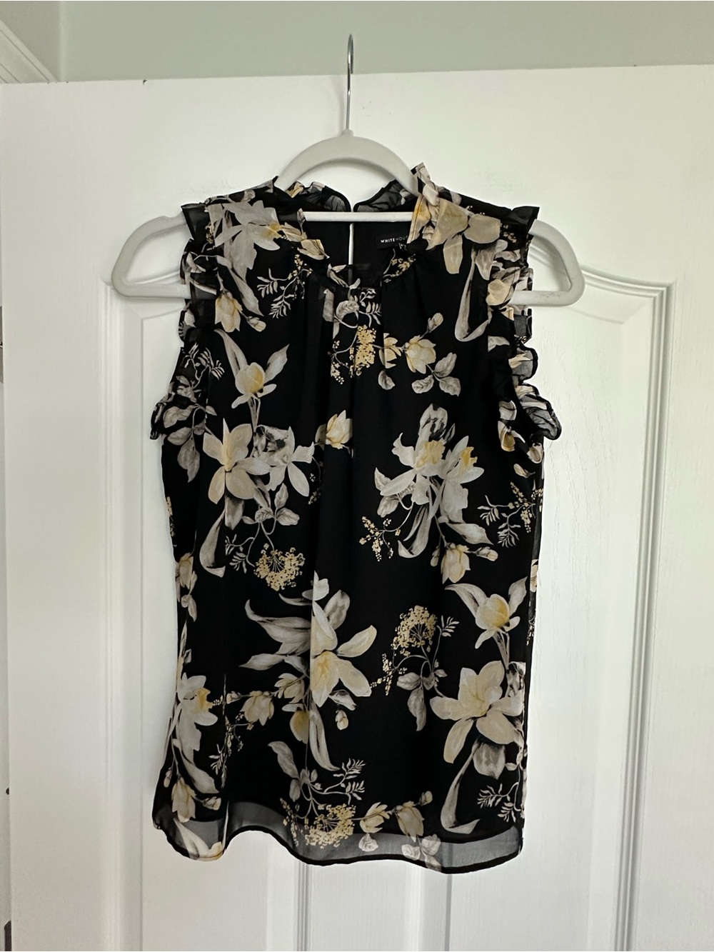 White House Black Market NWOT Black Floral Ruffle Neck Sleeveless Top